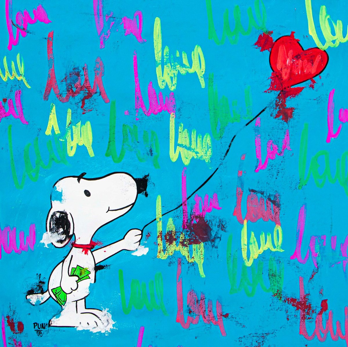Urban And Pop Animal Acrylic Painting By Carlos Pun Art, 28 X 28, Snoopy With The Love Balloon, Original Artwork