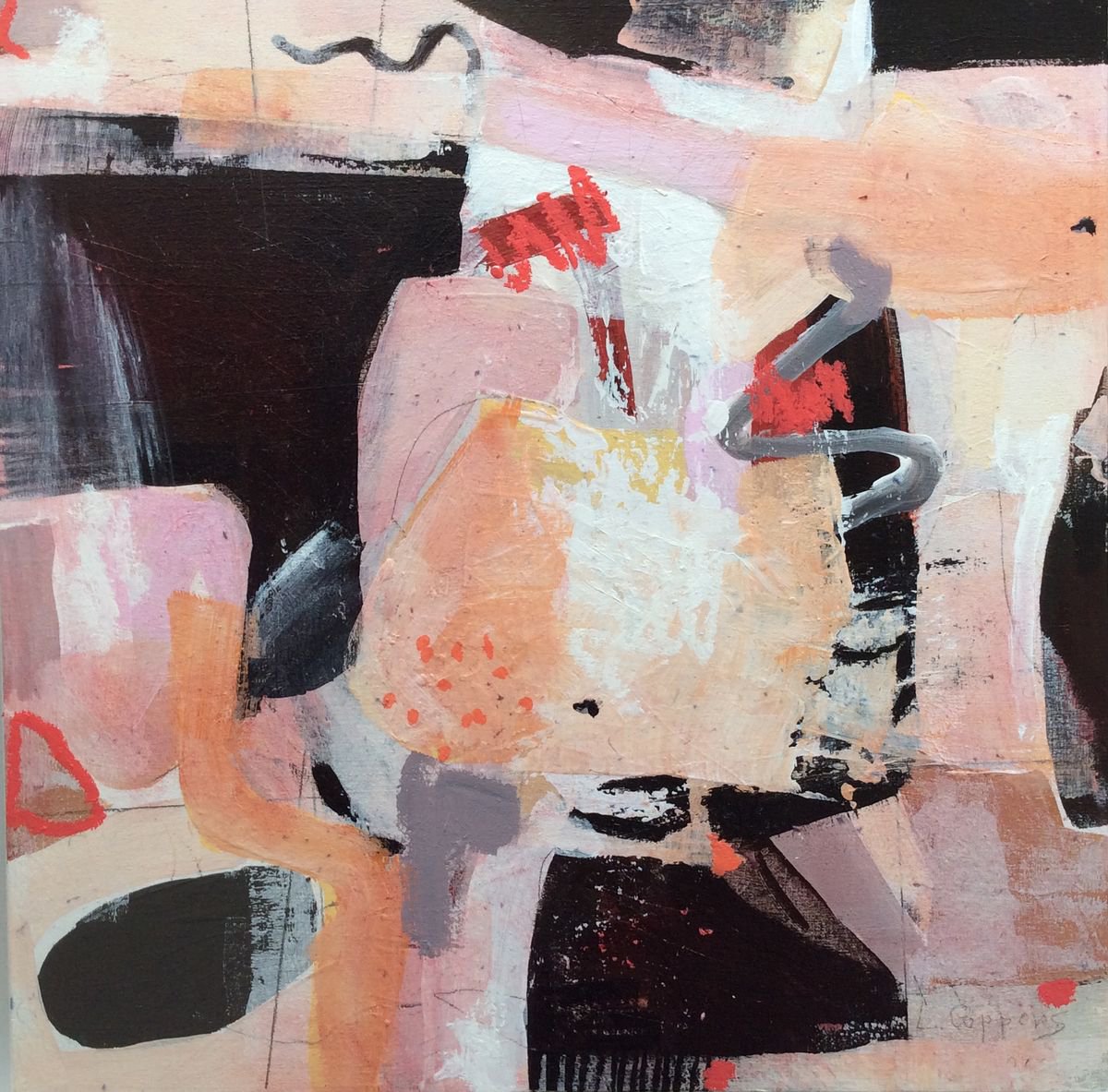 Abstract Acrylic Painting By Linda Coppens, 12 X 12", Pinks On The Go N2, Original Artwork