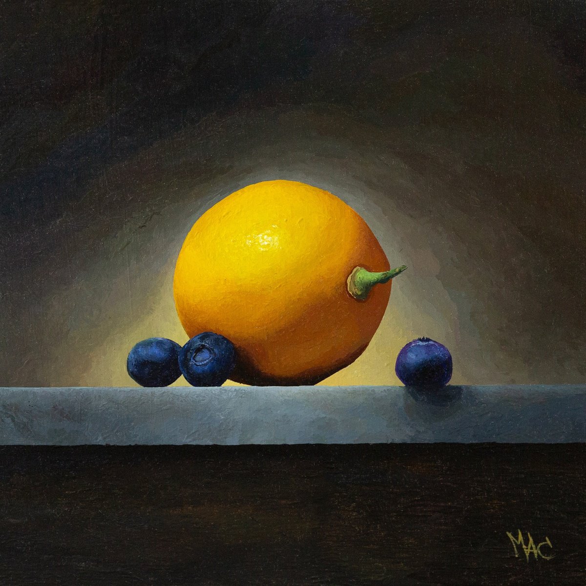 Photorealistic Still Life Oil Painting By Alexey Merzlikin, 8 X 8, Lemon And Blueberry, Original Artwork