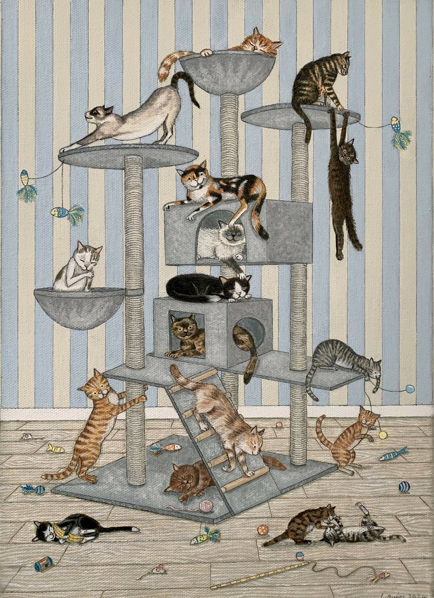 Naive Animal Acrylic Painting By Lisa Davies, 16 X 12", The Cat Tree, Original Artwork