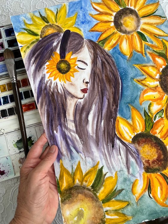 Woman Sunflowers Painting