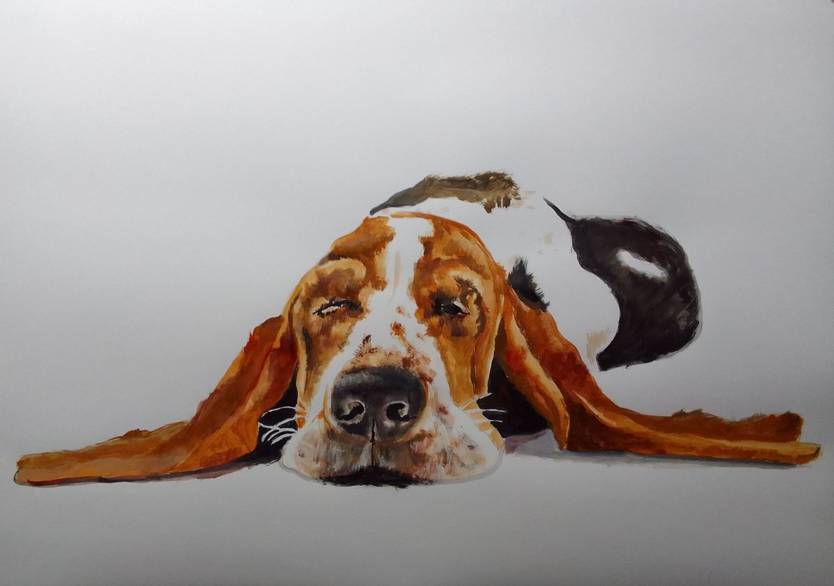 Photorealistic Animal Acrylic Painting By Soso Kumsiashvili, 33 X 24", Bassethound, Original Artwork