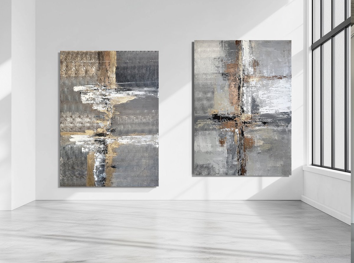 Expressive Cityscapes Acrylic Painting By Tatiana Malinovscaia, 79 X 55", Golden Silence Grey Horizons, Original Artwork