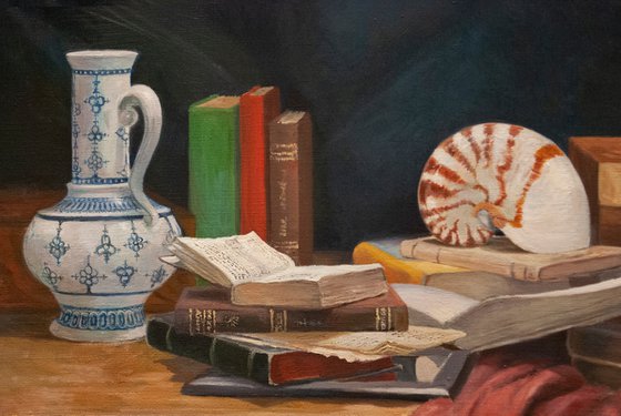 Still Life With Books and Nautilus