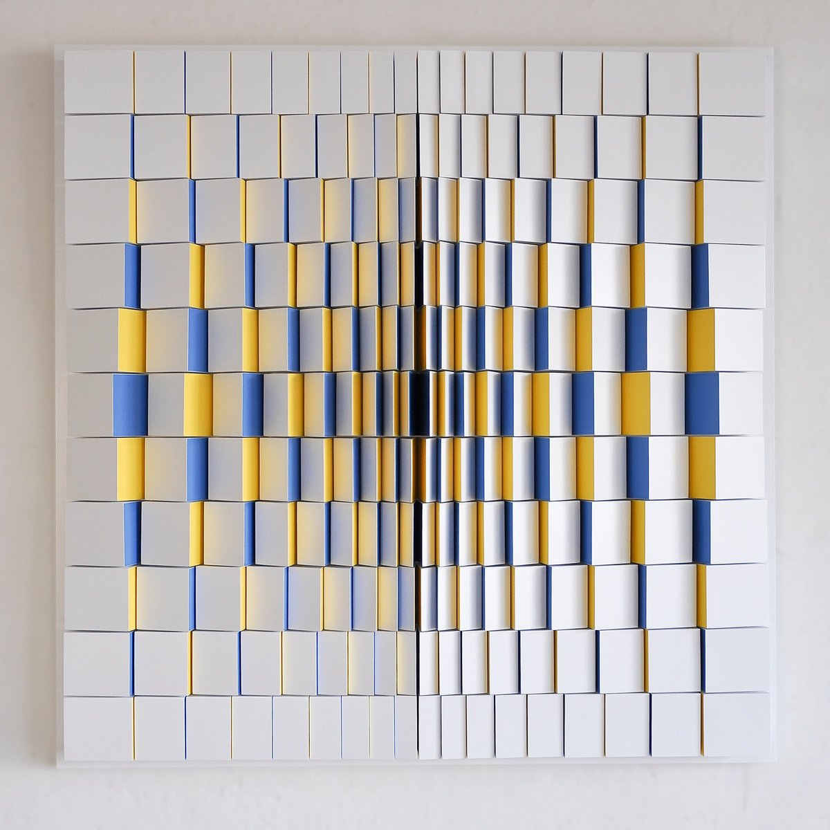 Geometric Abstract Wood Sculpture By Andrij Savchuk, 31 X 31, Blue-Yellow Radiance, Original Artwork