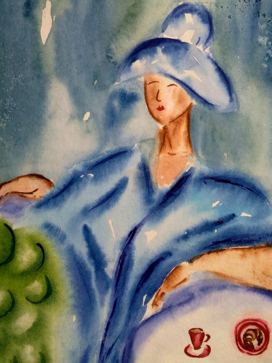 Woman Painting Faceless Original Art Cat Watercolor Grape Art Woman in Hat Artwork Coffee Time Home Wall Art 12 by 17" by Halyna Kirichenko