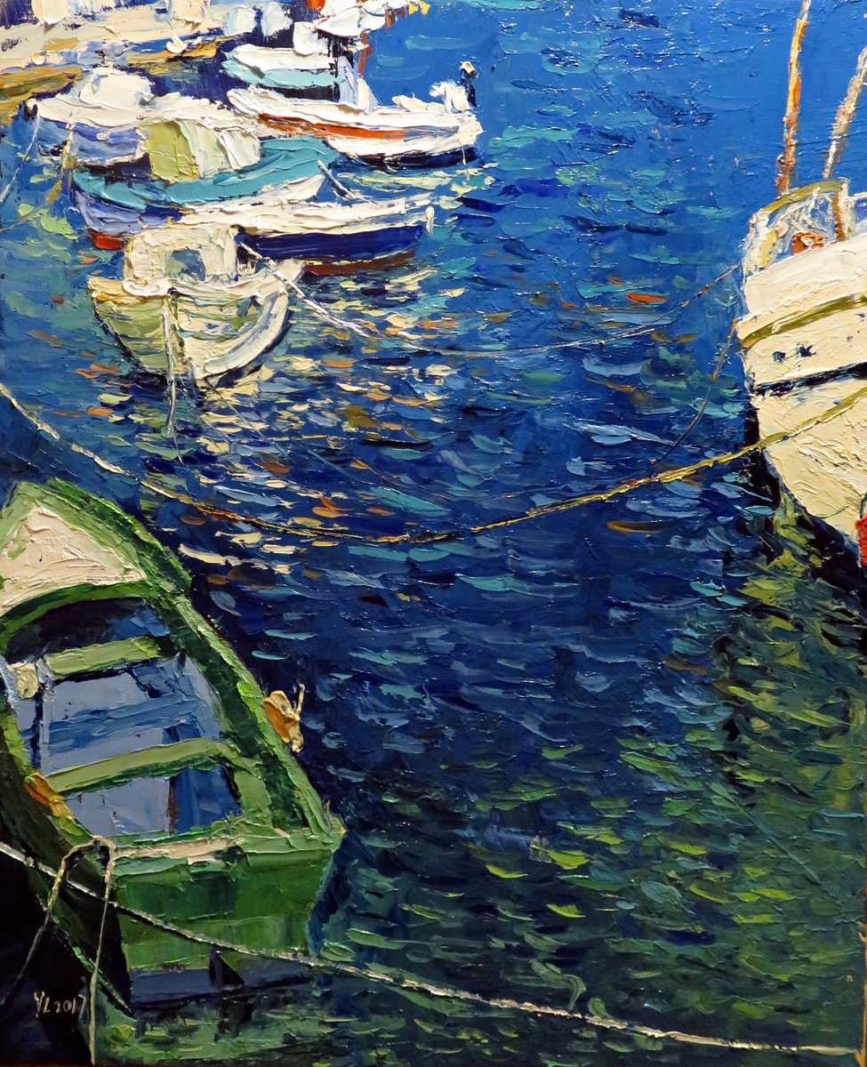 Impressionistic Landscape Oil Painting By Yuanyuan Liu, 20 X 24", The Boats, Original Artwork