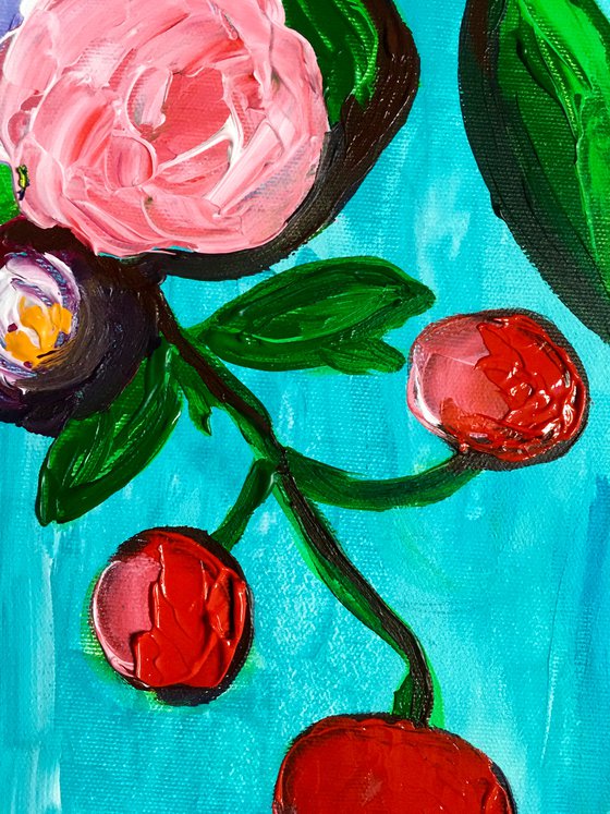 BOUQUET OF  abstract naive flowers, tulips, roses in a vase #15 palette  knife Original Acrylic painting office home decor gift