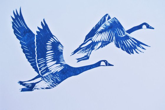 Birds in Flight Linocut, Printed in Blue, Geese Migrating, Print on Paper, Mounted