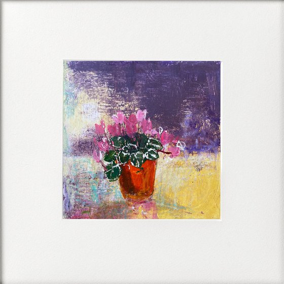 Mum's Cyclamen in Flower pot pink & yellow tones framed