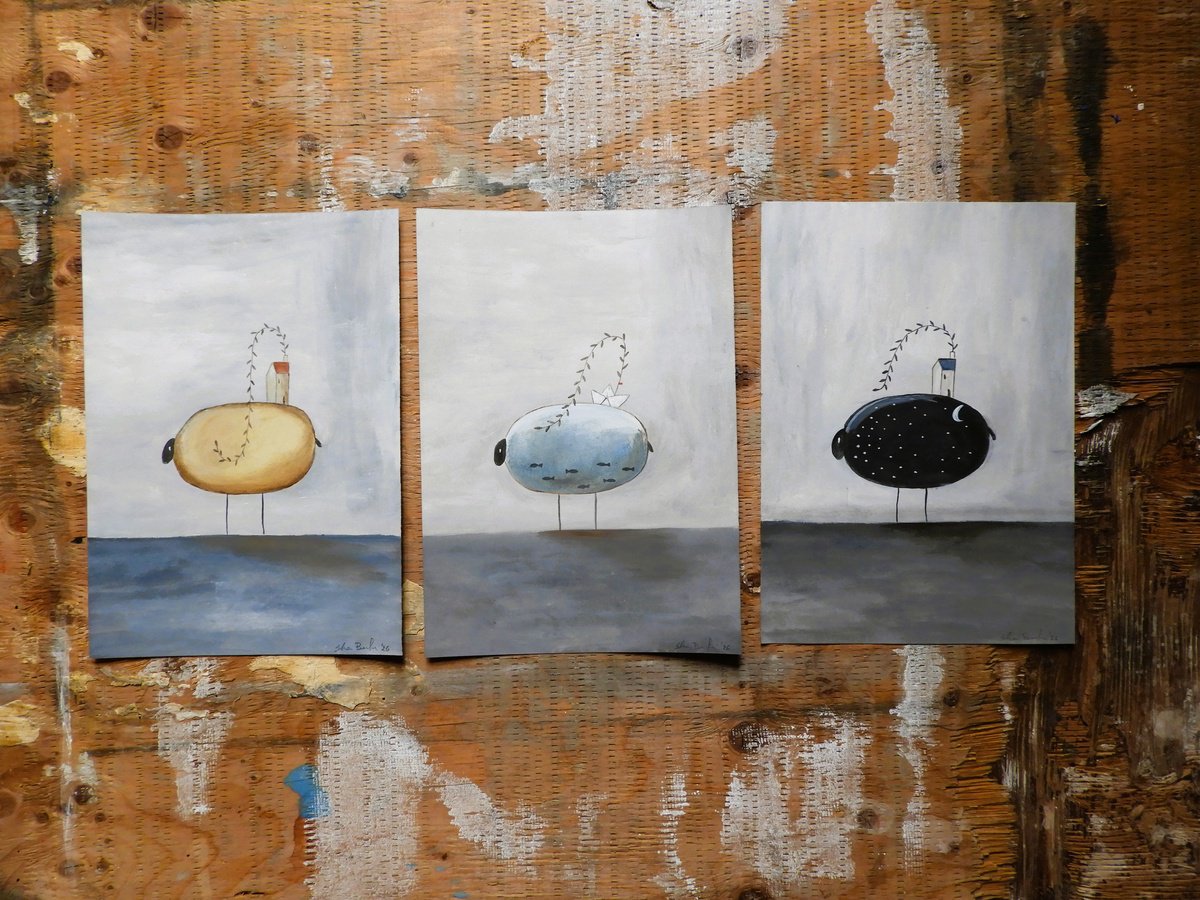 Illustrative Oil Painting , The Freaky Sheep, Set Of 3 By Silvia Beneforti, 25 X 12, Artwork For Sale On Artfinder
