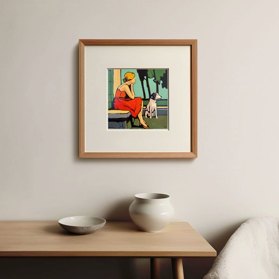 Woman and Dog Colorful Small Painting