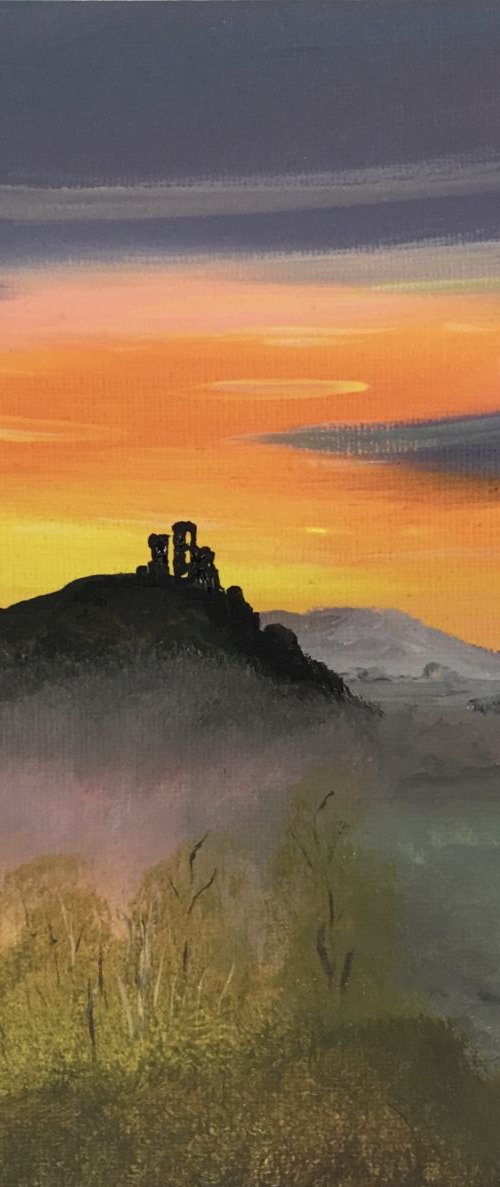 Corfe castle on a small square canvas by Marja Brown