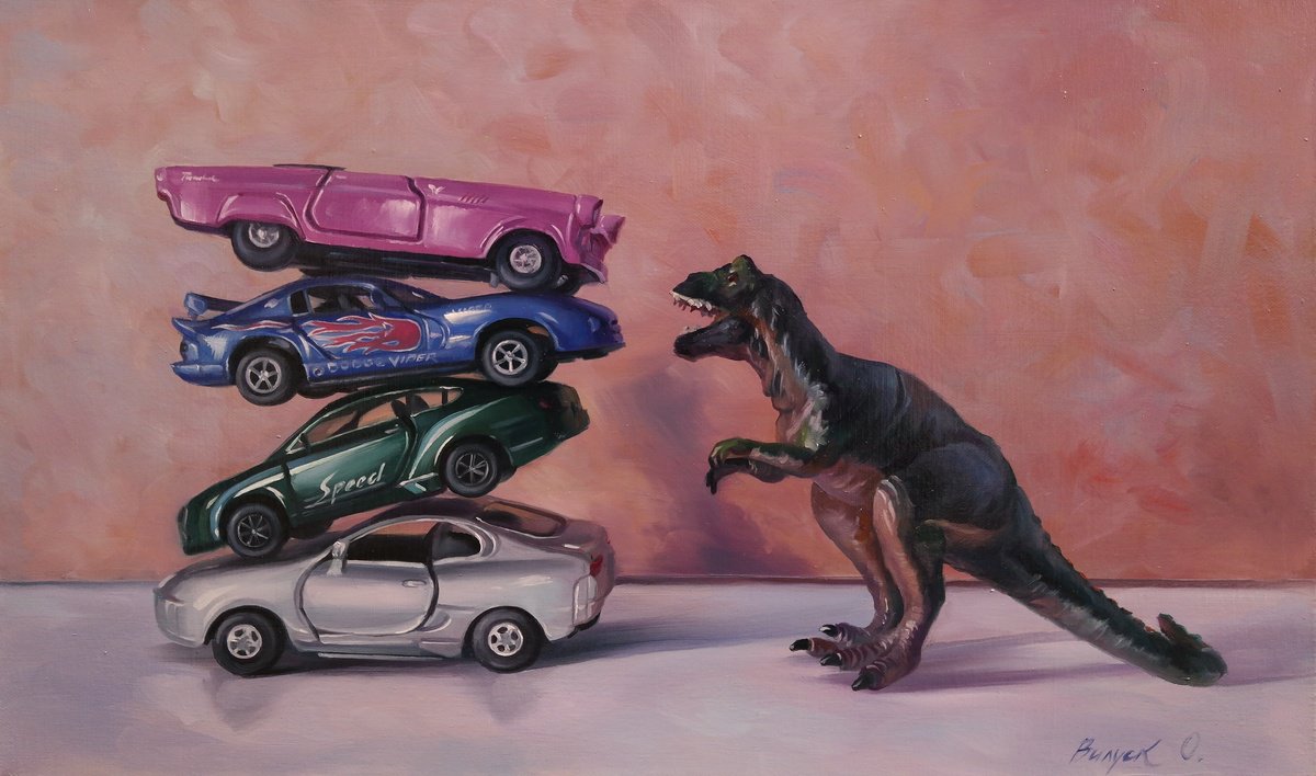 Illustrative Still Life Oil Painting By Lena Vylusk, 20 X 12", "Dinosaur Vs. Dream Cars", Original Artwork