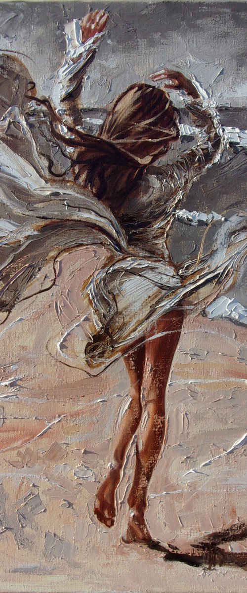 " WIND DANCE " SUN SKY SEA SAND liGHt  ORIGINAL OIL PAINTING, GIFT, PALETTE KNIFE by Monika Luniak