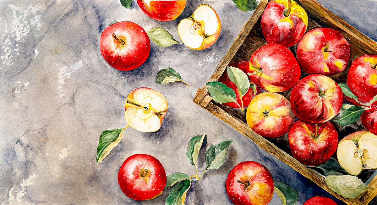 Photorealistic Watercolour , Bright Apples In A Wooden Box By Irina Kurganskaya, 20 X 11, Artwork For Sale On Artfinder