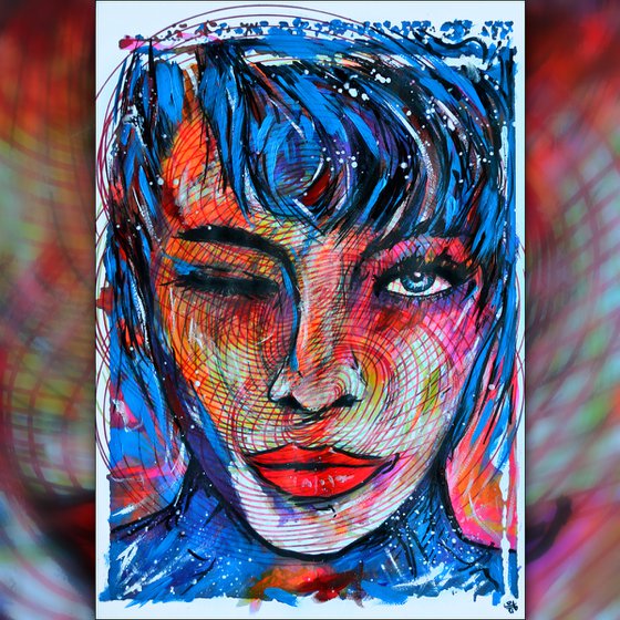 Wink in Blue - Vibrations Mixed Media Modern New Contemporary Art