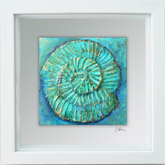 Fossil #2 (ammonite textured painting with gold highlights ) Framed ready to hang original