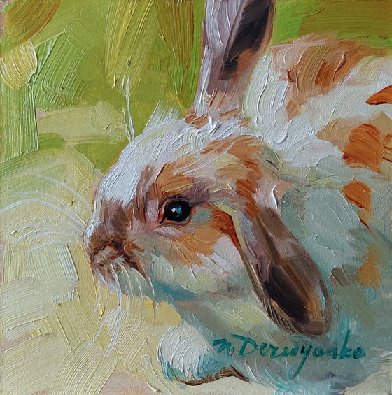 Cute rabbit painting original oil framed 4x4, Small framed art white red rabbit artwork green background