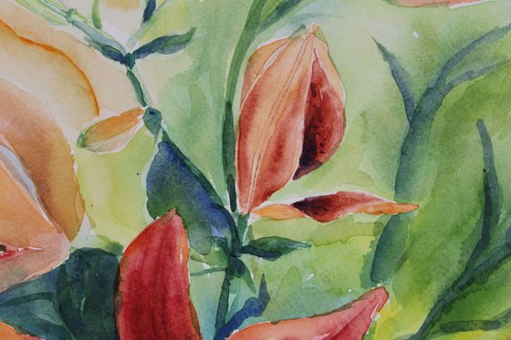 Tiger lily, watercolor, still life painting in impressionistic style