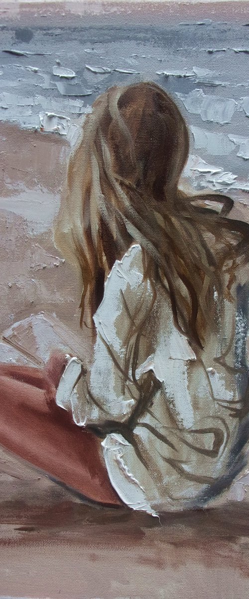 " READING IN THE SUN "  original painting palette knife GIFT MODERN URBAN ART OFFICE ART DECOR HOME DECOR GIFT IDEA by Monika Luniak