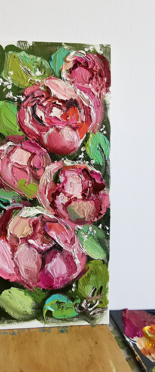 Pink and textured blossom Peonies Painting, Miniature on canvas by Annet Loginova