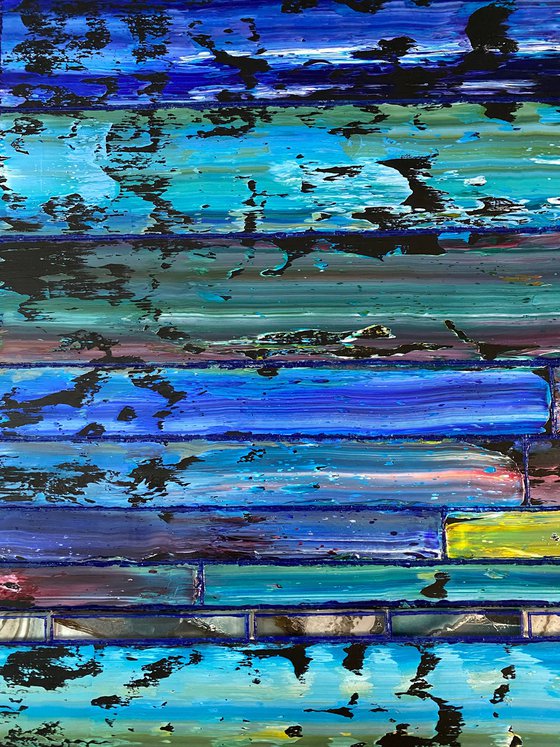 "Cooling It Down" - Original PMS Large Assemblage Sculptural Painting On Wood and Marbled Glass Backsplash Tile - 48 x 24 inches