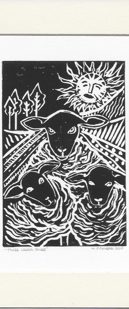 Three Welsh Sheep Original Linoprint by Maria Forrester