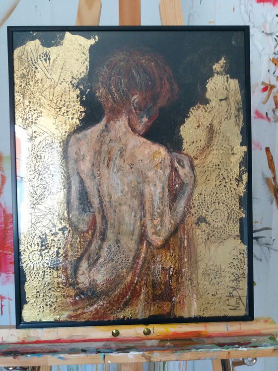 " Bather", original Mixed Media painting on board, 40x50x0,6cm