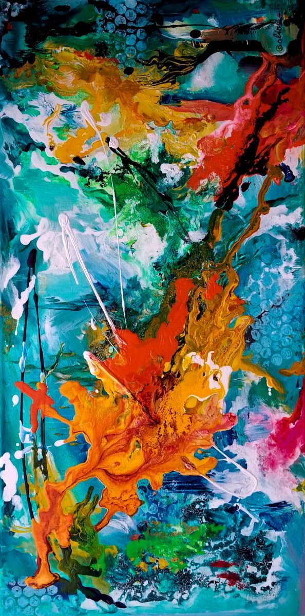 Expressive Abstract Acrylic Painting By Galina Victoria, 12 X 24, Genesis, Original Artwork
