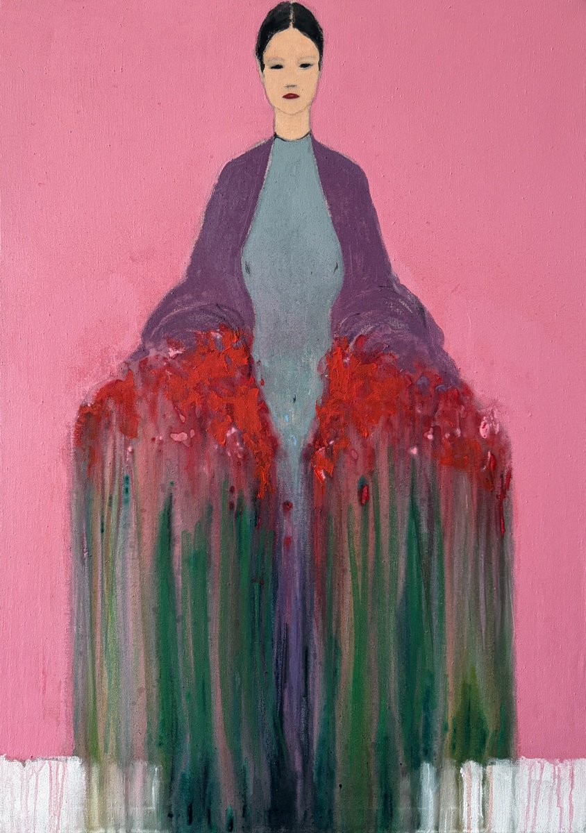 Abstract Portrait Acrylic Painting By Gela Mikava, 24 X 33, The Girl With Bouquet, Original Artwork