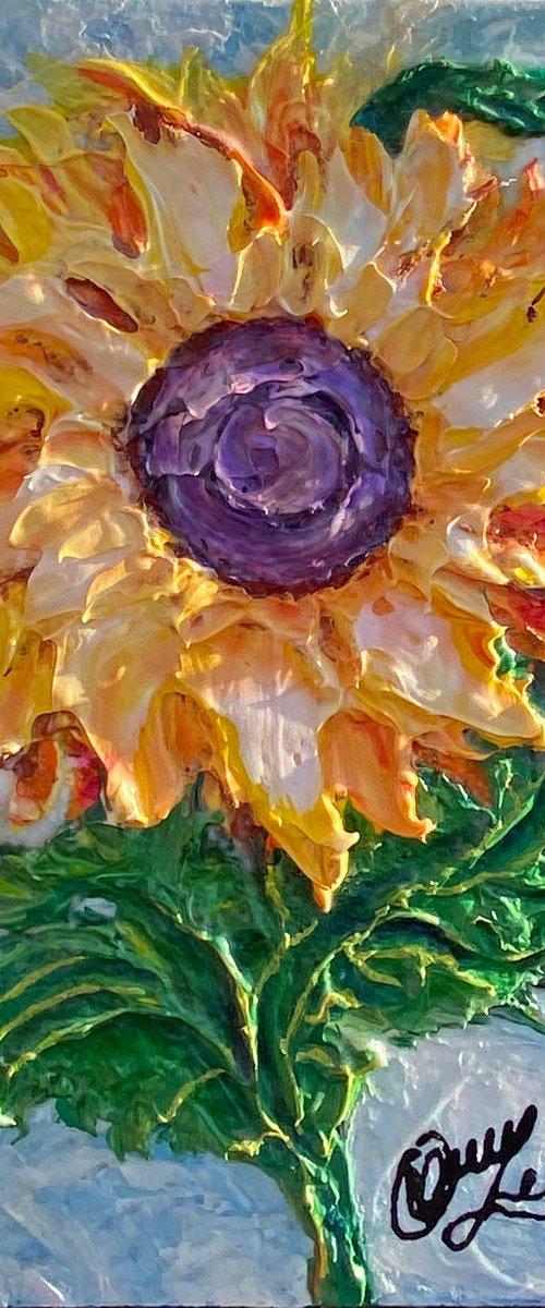 This Sunflower - palette knife is on 10" x 8" on Gator board. by Lena Owens at OLena Art