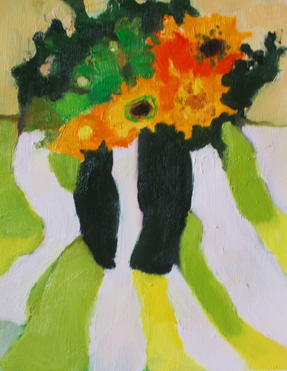 Flowers on Green Striped Cloth by Ann Cameron McDonald