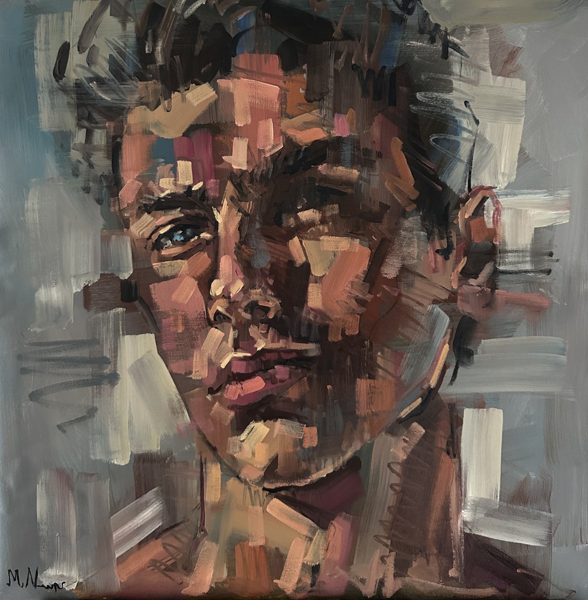 Expressive Portrait Oil Painting By Emmanouil Nanouris, 24 X 24, Youthful, Original Artwork