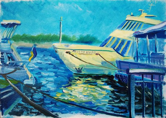 Pleasure boat before sailing. Pleinair painting