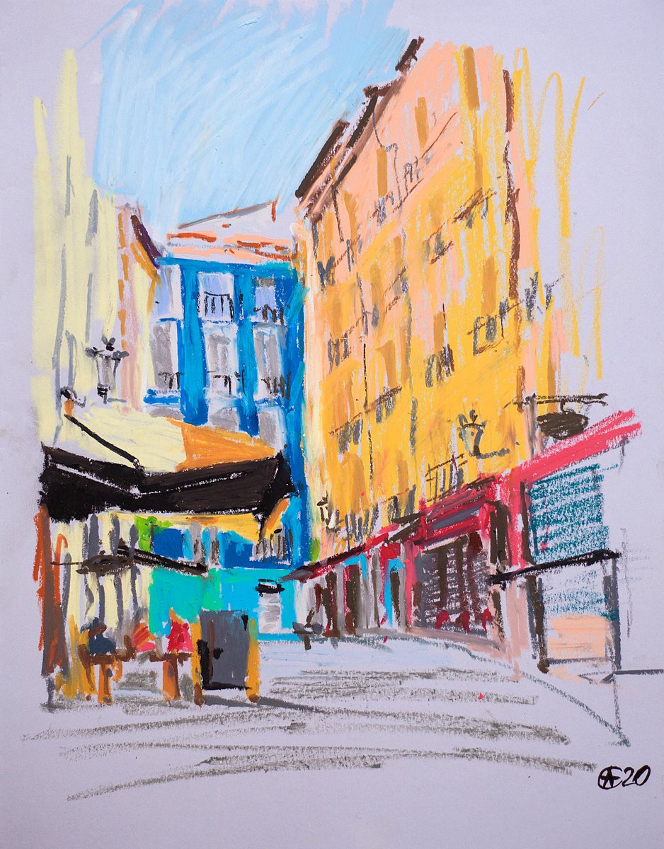 Madrid street. Plain air oil pastel painting. Original interior urban impressionistic stre... by Sasha Romm