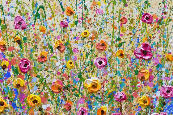 Sunshine Meadow - Textured Floral Painting, Palette knife art