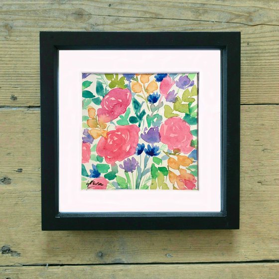 Roses - mounted watercolour, small gift idea