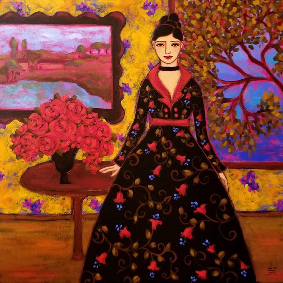 Woman with Roses and Landscape