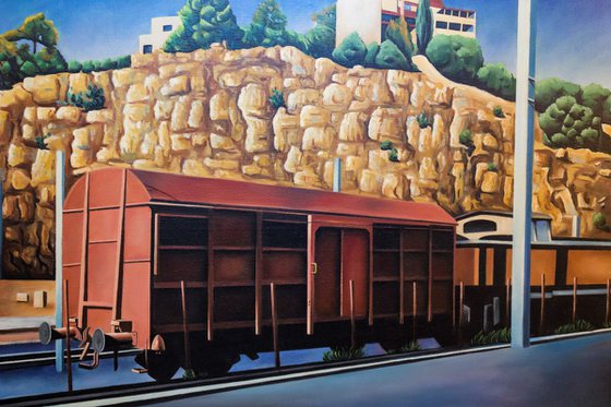 Big Oil painting, Wagon et train à Cerbère ( Youth artwork )