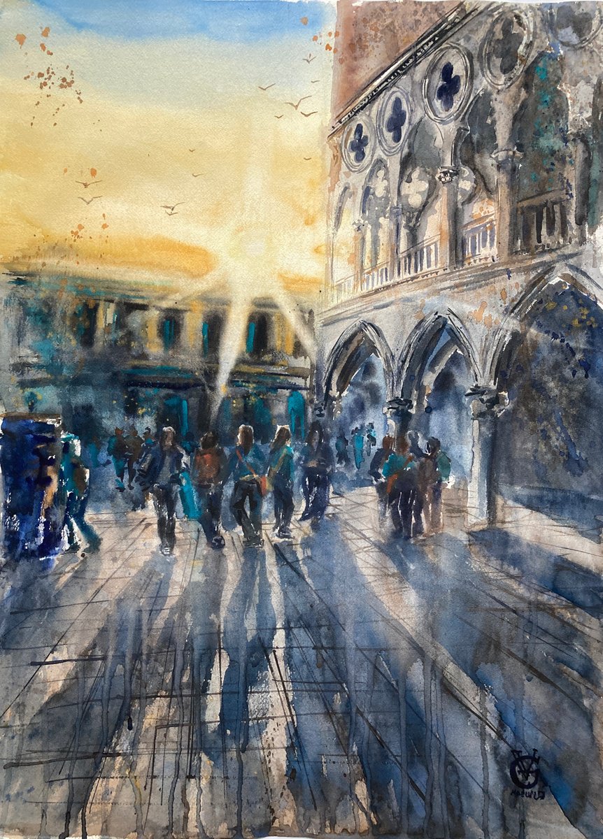 Impressionistic Cityscapes Watercolour By Valeria Golovenkina, 22 X 30", San Marco Sunset #2, Original Artwork