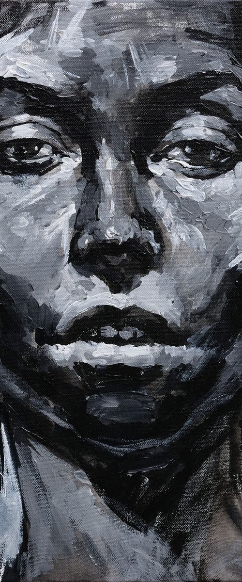 Black and white Original female portrait painting by Anastasiia Valiulina