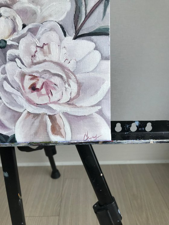White Peonies oil painting 12x12 inch