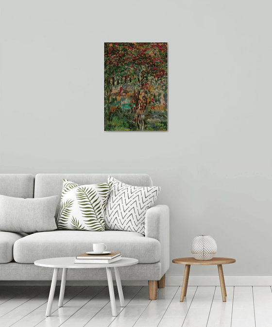 FLOWERING BUSH - Landscape art, blooming tree plant, original oil painting, summer, pomegranate, bloom, home interior decor