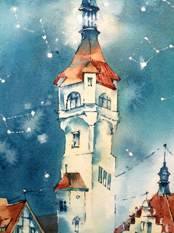 "Roofs of the Evening City" original watercolor fairy tale