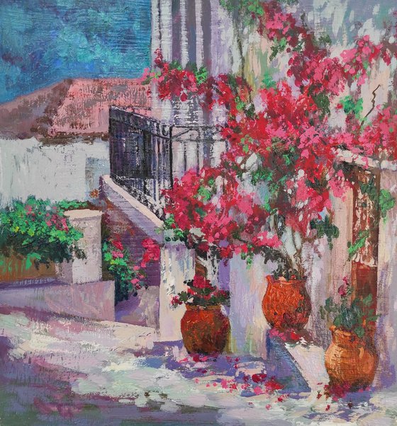Courtyard in Greece - oil painting, landscape