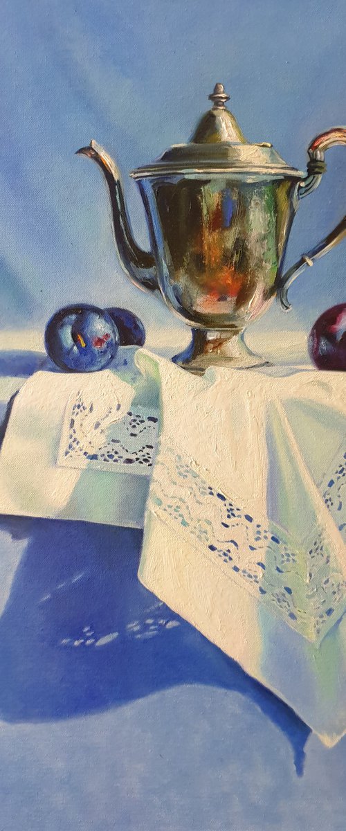 "English guest and plums. " still life liGHt original painting PALETTE KNIFE  GIFT (2021) by Anna Bessonova (Kotelnik)