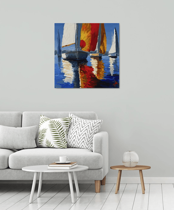 Sailing Hues in Crimson, Gold and white