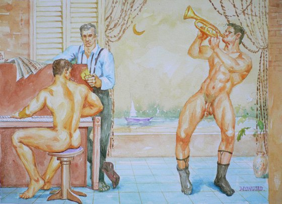 WATERCOLOR PAINTING MALE NUDE MEN #12-17-02