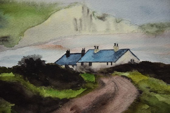 England rainy landscape original watercolor painting, Seascape with houses